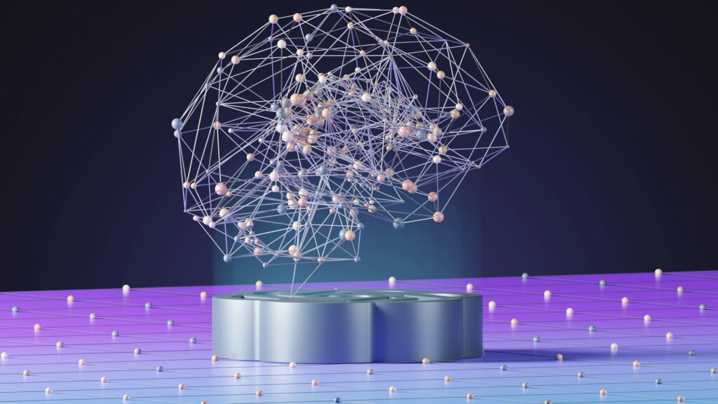 An abstract three-dimensional network of connected nodes representing artificial intelligence