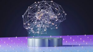 An abstract three-dimensional network of connected nodes representing artificial intelligence
